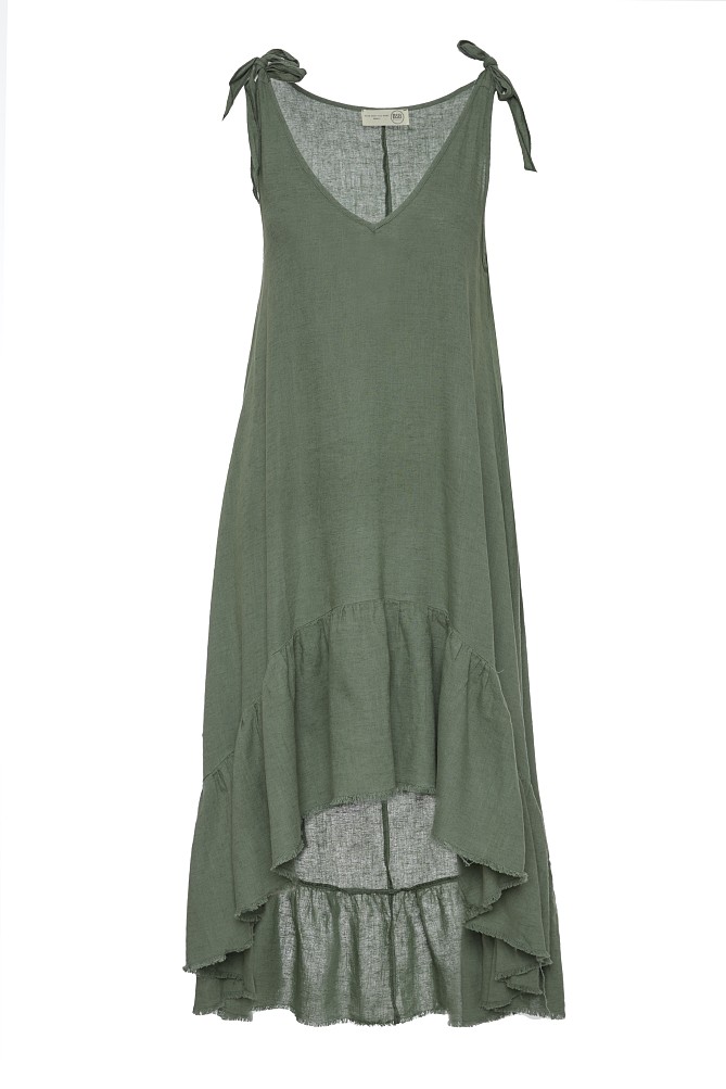 Maxi dress with an asymmetric hem and ruffles