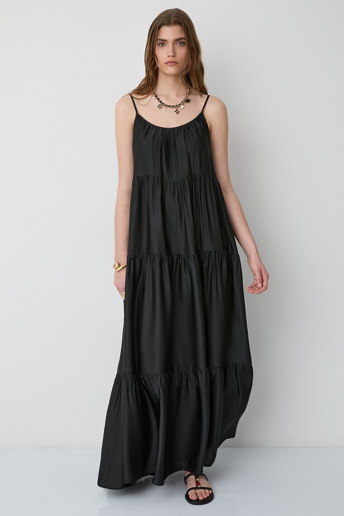Maxi satin-look dress with ruffles