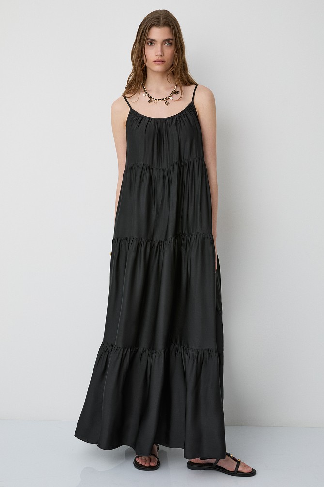 Maxi satin-look dress with ruffles