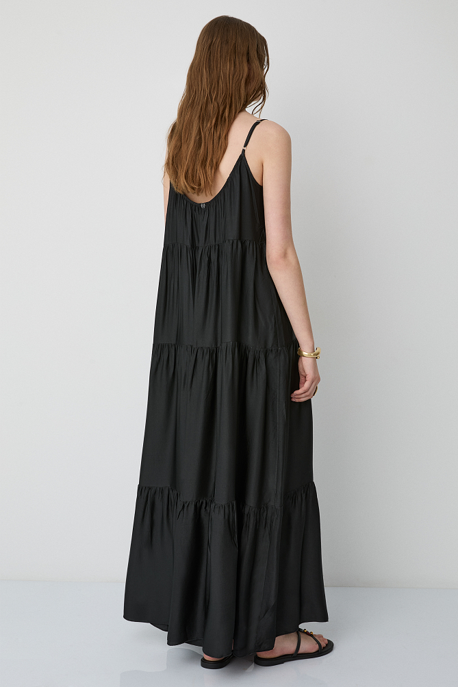 Maxi satin-look dress with ruffles