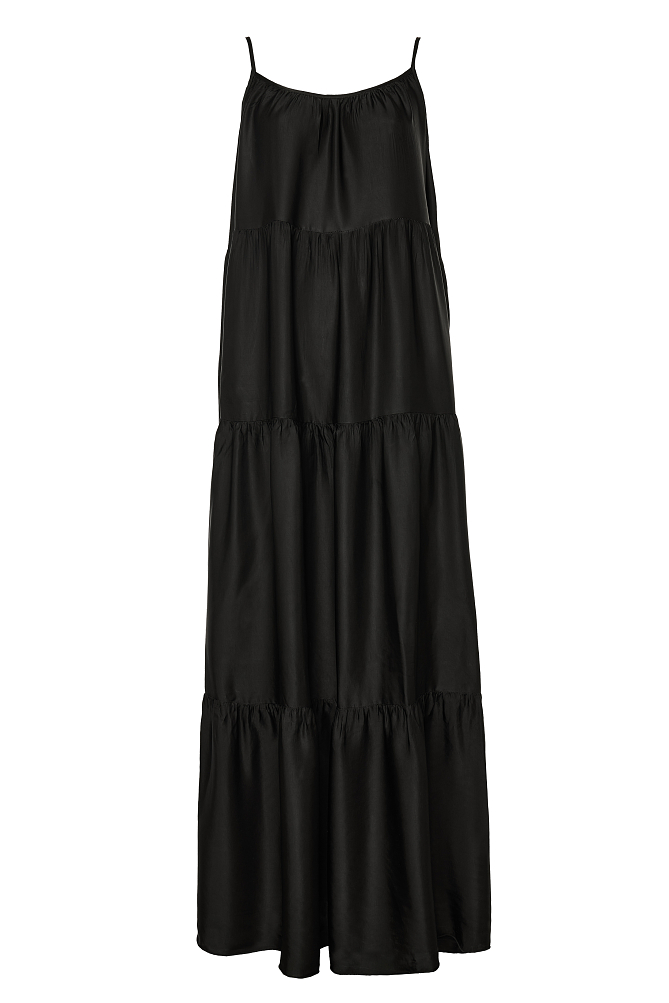 Maxi satin-look dress with ruffles