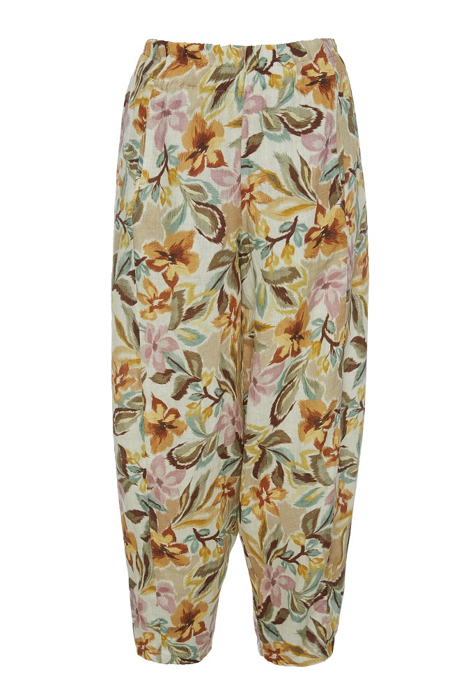 High-waisted linen trousers with floral prints