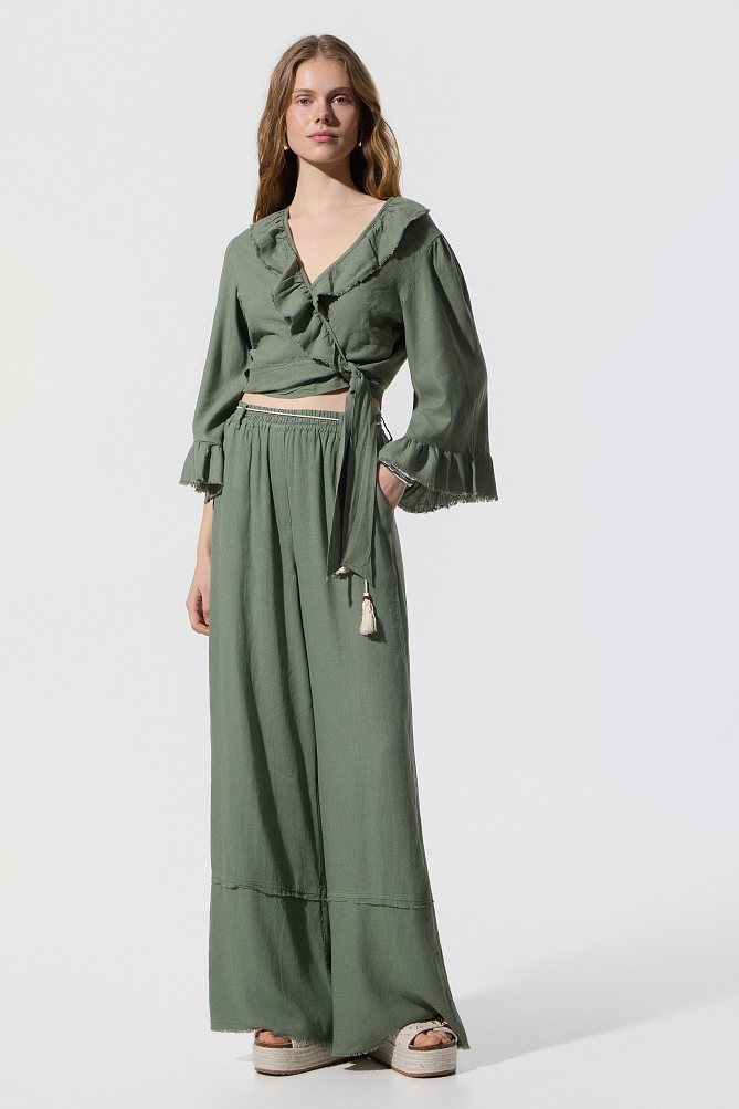 High-waisted linen-look trousers