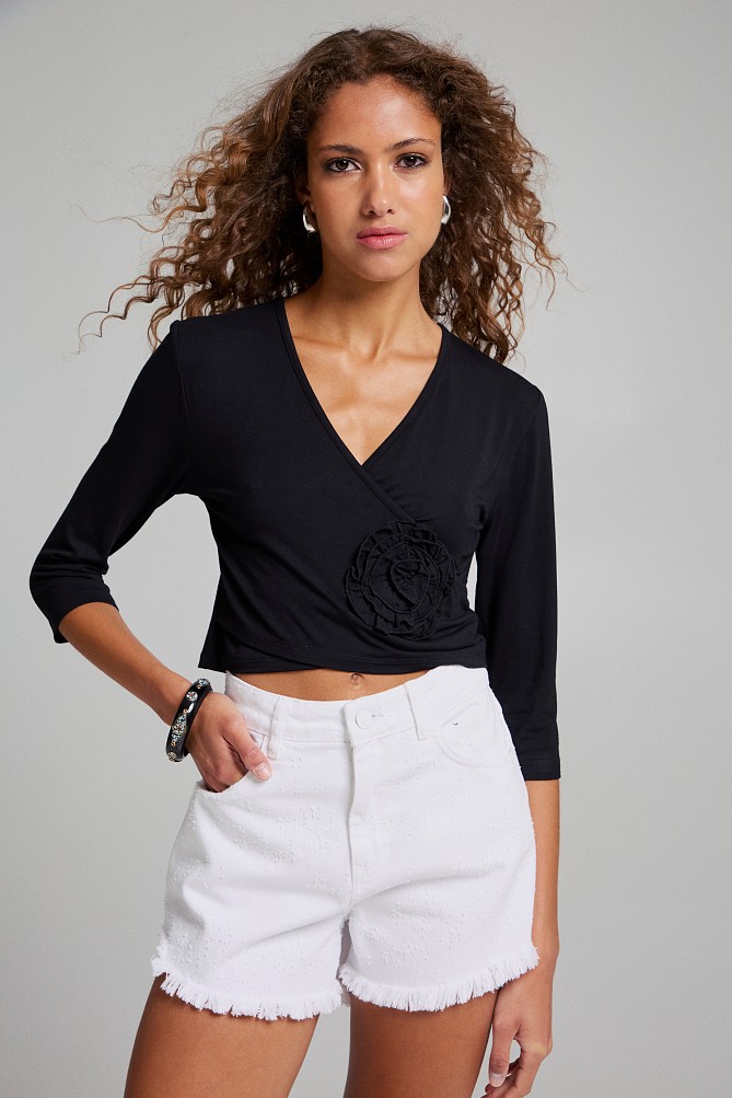 Wrap top with applique flower
