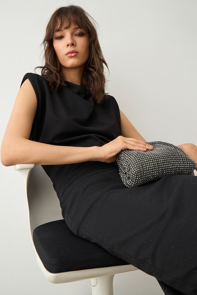 Sleeveless gathered top with rhinestones