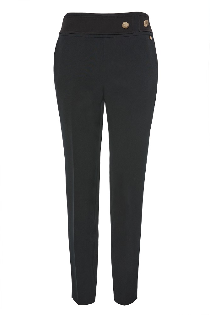 Trousers with bejeweled buttons